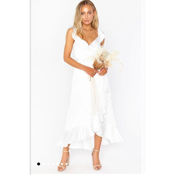 NWOT Show Me Your Mumu Samantha Ruffle Wrap Dress in ivory luxe satin Size S - Picture 4 of 10